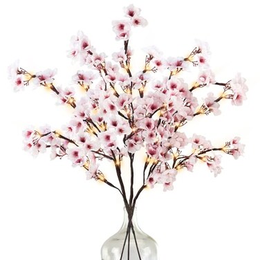 Uieke 3PCS Lighted Cherry Blossom Branches 30in Artificial Cherry Blossom Flowers with 60 LED Lights Timer Battery Operated Lighted Twig Branches for Vases Wedding Party Home Indoor Decor