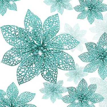 WILLBOND 36 Pieces Christmas Poinsettia Flowers Artificial Ornaments Glitter Christmas Decorations Tree Wedding New YearBlueGreen