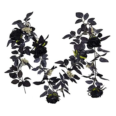 BFYDOAA 180cm Artificial Black Rose Vine Halloween Hanging Rose Flower Garland with Berries for Table CenterpieceFireplace Door Frame Backdrop Decor