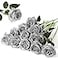 Hawesome 12PCS Artificial Silk Flowers Realistic Roses Bouquet Long Stem for Home Wedding Decoration Party Silver 12Pcs Flowers
