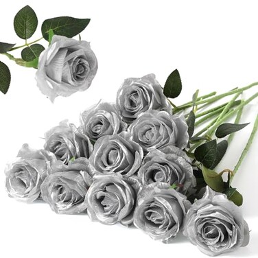 Hawesome 12PCS Artificial Silk Flowers Realistic Roses Bouquet Long Stem for Home Wedding Decoration Party Silver 12Pcs Flowers