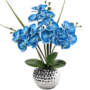 Briful Orchids Artificial Flowers 20 Blue Faux Orchid Flowers with Silver Vase Fake Phalaenopsis Silk Flowers for Home Coffee Table Bathroom Office Kitchen Decor