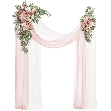 Ling's moment Lings moment Pink Artificial Wedding Arch Flowers Kit Pack of 4 2pcs Hanging Flower Arrangement 2pcs Chiffon Drapes Ceremony Reception Spring Silk Rose Arbor Backdrop Floral Garden Outdo