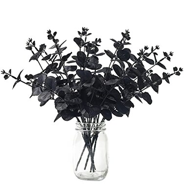 Laelfe Black Eucalyptus Stems Leaves Branches Fake Flower Arrangement Farmhouse Home Bathroom Decor 6Pcs Black