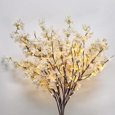 Sunm Boutique 3 PCS Silk Cherry Blossom Branches Lighted Brown Twig Branches Artificial White Cherry Blossom Flower Cherry Blossom Stems Decor Faux Cherry Blossom Tree for Wedding Home Decor 39