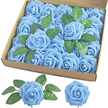 homEdge Artificial Rose 25pcs Foam Artificial Flowers with Stem for Home Decorations Wedding Bouquets Party Certerpieces AnniversariesAqua Blue