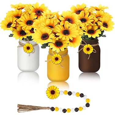 Karenhi 13 Pcs Spring Summer Mason Jar Table Decor Sunflower Centerpieces for Spring Tiered Tray Table Office Home Kitchen Indoor DecorBright Sunflower