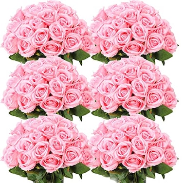 Jexine 50 Pcs Artificial Rose Flower Bulk Realistic Silk Fake Roses with Long Stem Plastic Artificial Flower Bouquet Real Looking for Home Wedding Centerpieces Party DecorationPink