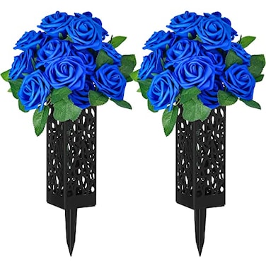 Cindeer 50 Artificial Cemetery Flowers with 2 Cemetery Vase Blue Rose Floral Grave Decorations 2 Set Headstones Black Plastic Holder with Drainage Hole Long Spikes Human Grave Markers for Outdoor Memo