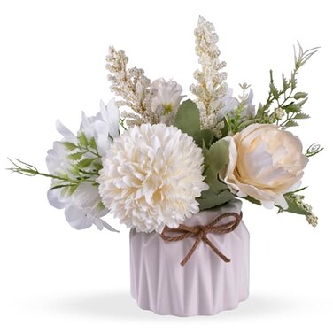 Meyerascal Artificial Potted Flowers White Small Ceramic Vase Fake Flower Plants Desktop Decoration Indoor for Home and Office Faux Flowers Hydrangea Decora for TableBookshelfBedroomLiving RoomWhite