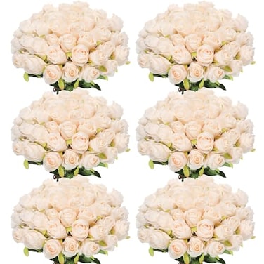 Jexine 50 Pcs Artificial Rose Flower Bulk Realistic Silk Fake Roses with Long Stem Plastic Artificial Flower Bouquet Real Looking for Home Wedding Centerpieces Party DecorationBeige Champagne
