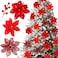 Floweroyal 30pcs Poinsettia Artificial Christmas Flowers Decorations with Clips and Berry Stems Glitter Ornaments for Christmas Tree Wreath Fireplace Stairs Decor Red3 Styles