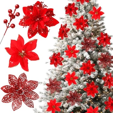 Floweroyal 30pcs Poinsettia Artificial Christmas Flowers Decorations with Clips and Berry Stems Glitter Ornaments for Christmas Tree Wreath Fireplace Stairs Decor Red3 Styles
