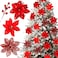 Floweroyal 30pcs Poinsettia Artificial Christmas Flowers Decorations with Clips and Berry Stems Glitter Ornaments for Christmas Tree Wreath Fireplace Stairs Decor Red3 Styles
