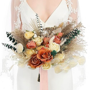 Rinlong 157 Wide Fall Wedding Bouquets for Bride Burnt Orange Dried Flowers Pampas Bridal Bouquet for Wedding Boho Terracotta Bouquets