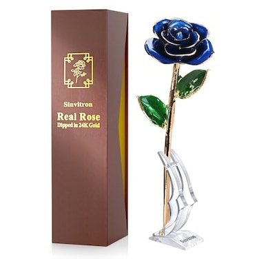 Sinvitron Gold Dipped Infinity Rose Forever Flower Decor Resin Preserved Real Rose Birthday Gift for Women Anniversary Present for Mom Deep Blue