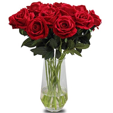 Bringsine Artificial Velvet Flowers Realistic Roses Bouquet with Long Stem for Home Wedding Decoration PartyRed