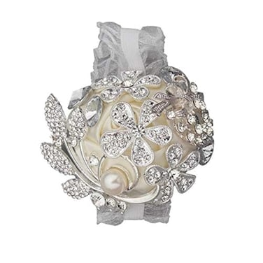 DOTKV Artificial Wrist Silk Flower Boutonniere Wrist Bouquet Corsage Flower with Peal and Diamond for Wedding DecorCocktail Party 1pcs SilverIvoryWrist