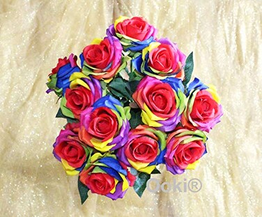 Ooki 12 Long Stem Artificial Silk Rainbow Rose Flower Bush Bouquet for DIY Any Arrangement Home Decor Wedding Party Celebration
