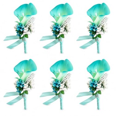 ChezMax Calla Lily Blue Boutonniere Handmade Silk Flower with Ribbon Corsage for Bride Groom Wedding Party 6 Packs