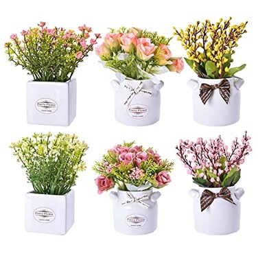 LUEUR 6Pcs Artificial Flowers with Ceramic Pot Fake Flower Arrangements Small Faux Spring Flowers in Vase Spring Summer Decor Centerpiece Table Decorations for Easter Home Office Shelf