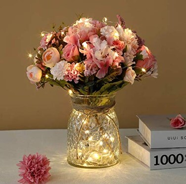 N / Artificial LED Pink Rose Flowers with Glass Vase Flower Arrangement for Table Centerpiece Home Office Wedding Decoration