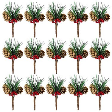 CHRORINE 15 Pcs Artificial Pine Cone Picks and Red Berry Mini Artificial Pine Tree for Christmas Party Flower Wreaths and Holiday Decorations