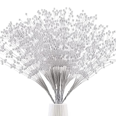 SHAOQINLIN 50pcs 4mm Pearls String Beaded Bouquet Spray Sticks for Bridal Beaded Wedding Party Table Decorations Mothers Day Decor White