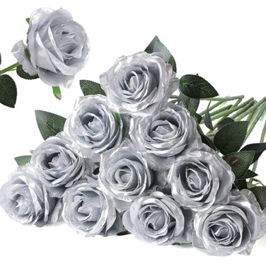 Nubry Artificial Silk Rose Flower Bouquet Lifelike Fake Rose for Wedding Home Party Decoration Event Gift 10pcs Silver