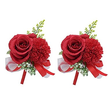 ARTFLWS 2PCS Rose Flower Wrist Corsage Boutonniere Set Handmade Artificial Corsage Set Bride Hand Flower Men Boutonniere for Wedding Party Prom Decorations 2 Boutonnieres Red