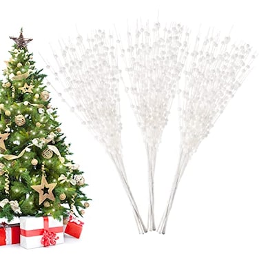 Losris Christmas Artificial Glitter Berry Stem Decorations Decorative Bead Sticks Xmas Picks Glittery Twigs Branches for Christmas Tree Wreath Gift Vase Home Decor Party Ornaments White 24 PCS
