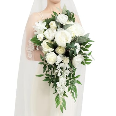 Ling's moment Lings moment White Bridal Bouquet Cascading Ivory Wedding Bouquets for Bride 15 Inch Bride Bouquets for Wedding Artificial Flowers Bouquets