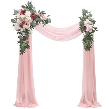 Floroom Arch Flowers with Drapes Kit Pack of 4 2pcs Artificial Dusty Rose Burgundy Floral Swag Arrangement with 2pcs Draping Fabric for Wedding Ceremony Arbor and Reception Backdrop Decoration