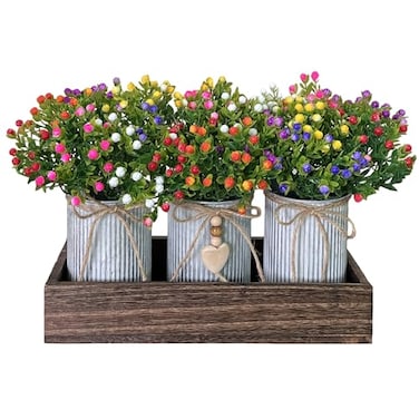 HEMYLU Table Centerpiece Decoration Artificial Flower Set with 3 Fake Milan Bouquet and Wood Tray for Desk Home Bathroom Office Dcor