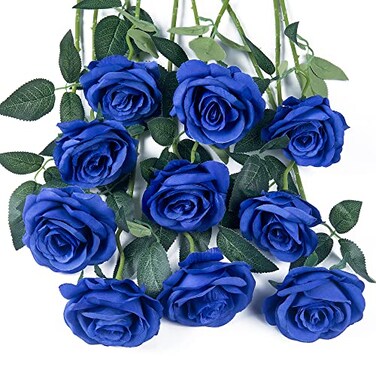 Exoment 10Pcs Royal Blue Artificial Silk Roses Flowers Single Long Stem Velet Real Touch Fake Roses Bouquets for Home Office Garden Decoration