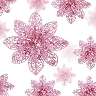 WILLBOND 36 Pieces Christmas Poinsettia Flowers Artificial Ornaments Glitter Christmas Decorations Tree Wedding New YearPink