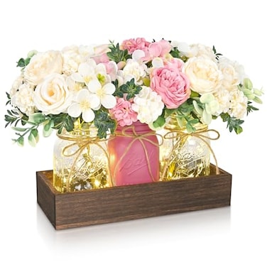 BLEUM CADE Centerpiece Table Decorations Mason Jar Lights Centerpiece for Kitchen Dining Table Farmhouse Coffee Table Wedding Home Decor with 3 Jars Roses Artificial Flowers Wood Tray