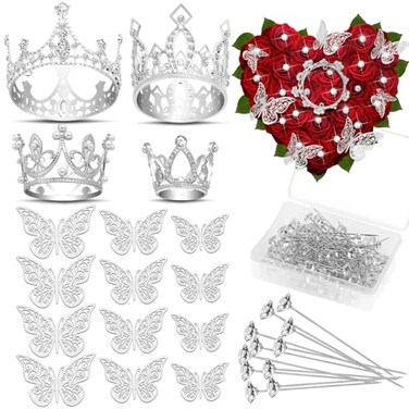 cridoz Flower Bouquet Accessories Including 4 Pcs Silver Crowns 12 Pcs Butterfly Decorations and 50 Pcs Flower Pins for Flower Bouquets and Cake Topper Decoration