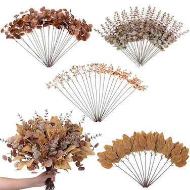 YXZZWL 110 Pcs 5 Kinds Mixed Artificial Eucalyptus Stems and Faux BerryAutumn Fake Eucalyptus Leaves Stems Bulk Branches for DIY Bouquets Floral Arrangement Wedding Home Fall Decorations Orange