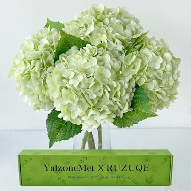 YalzoneMet 4Pcs Light Green Hydrangeas Artificial Flower Natural Lifelike 21 Long Stem Real Touch Hydrangea Latex Flower Bouquets for Home Living Room Party Wedding Table Centerpiece Decor