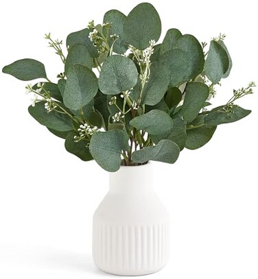 Dahey Artificial Eucalyptus Stems in Small Ceramic Vase Centerpiece Table Decorations Modern Farmhouse Decor Fake Eucalyptus Plants with Vase for Bathroom Kitchen Shelf Living Room Home Decor White