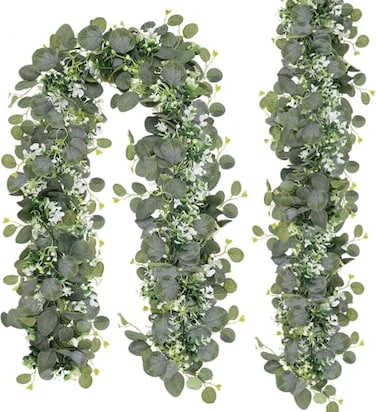 N&T NIETING NT NIETING 2 Pack Artificial Eucalyptus Garland with Flowers Faux Greenery Garland Decor 6FT Eucalyptus Vines Fake Hanging Vines Summer Garlands for Table Mantle Wedding Backdrop Decoratio