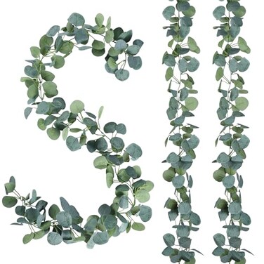 Sggvecsy 2 Pack Artificial Eucalyptus Garland Greenery Leaves Handmade 3D Silk Vines Silver Dollar Leaves Faux Leaf Plants for Wedding Wall Table Party Home Fireplace Bedroom Decor