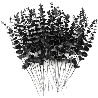 TIHOOD 14PCS 15 Black Eucalyptus Stems Artificial Eucalyptus Leaves Branches Fake Eucalyptuses Decor Faux Eucalyptus leaf Stem for Halloween Autumn Fall Floral Arrangement Wedding Bouquet Home Office