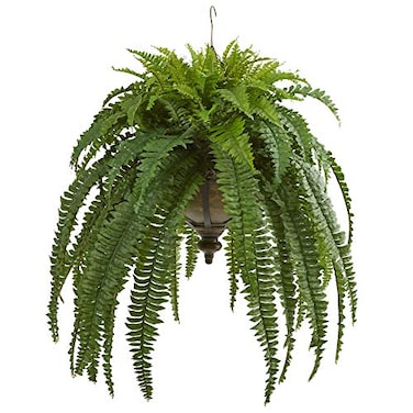 Nearly Natural 39in Boston Fern Artificial Plant in Metal Hanging Bowl