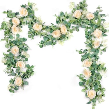 Der Rose 2 Pcs 13FT Artificial Floral Garland Champagne Rose Flower Garland for Backdrop Wedding Arch Flowers Backdrop Eucalyptus Greenery Garland