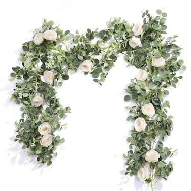 Der Rose 2 Pcs 13FT Artificial Flower Garland Wedding Decor White Rose Eucalyptus Greenery Garland with Flowers Floral Garland for Table Runner Flower Arch Backdrop