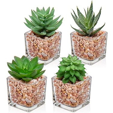 Briful Mini Fake Plants 4 Packs Succuletns Artificial Potted Plants in Cube Glass Vase Faux Succulents for Bathroom Living Room Kitchen Shelf Table Decor