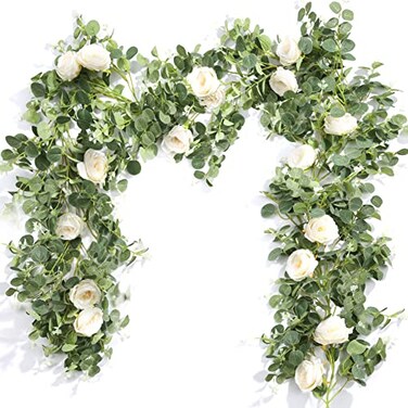 Der Rose 4 Pcs 26FT Artificial Flower Garland Floral Eucalyptus Spring Garland with Champagne Rose Faux Flower Vine for Wedding Arch Backdrop Table Decor