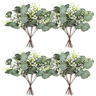 Yoratee Artificial Eucalyptus Stems 24PCS Mixed Eucalyptus Greenery Stems Silver Dollar Leaves with White Seeds Green Plants Wedding Bouquet Green Decor Flower Arrangement Mixed Round Leaves